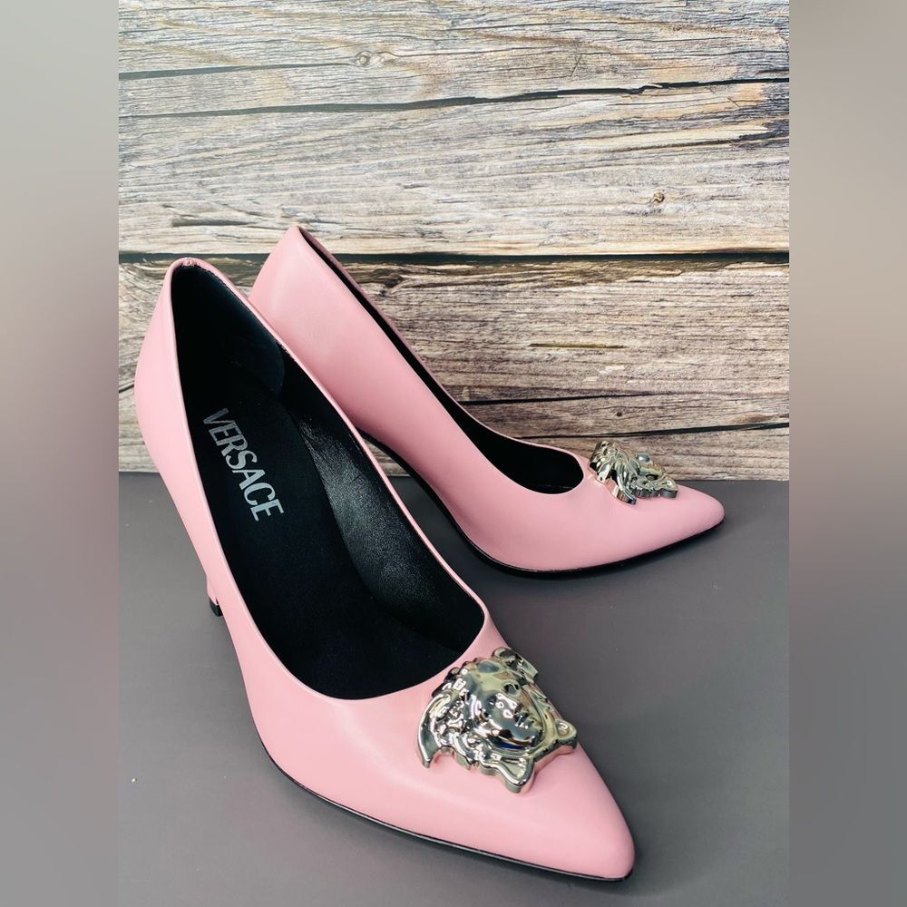 VERSACE Pink leather Heels with Silver Medussa Embellishment NWT
